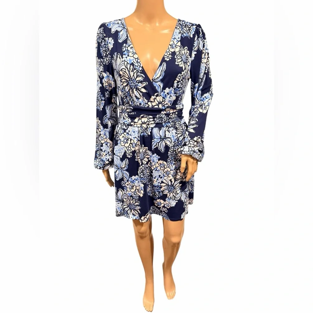 Lilly Pulitzer Riza Long Sleeve Dress Romper Low Tide Navy Bouquet All Day Sz M - Picture 2 of 12